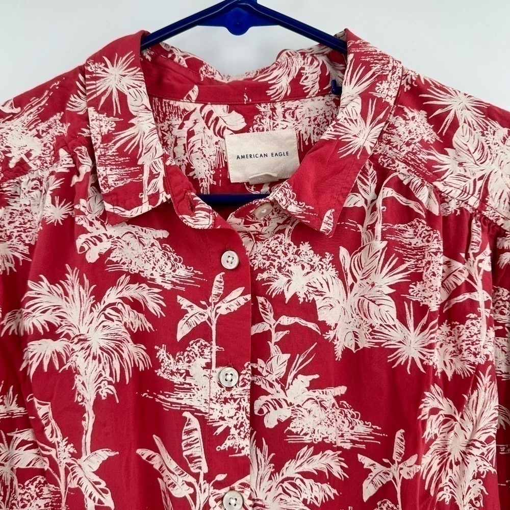 American Eagle Button Down Women’s Tie Front Tropical Print Viscose Top Size L - Picture 3 of 14